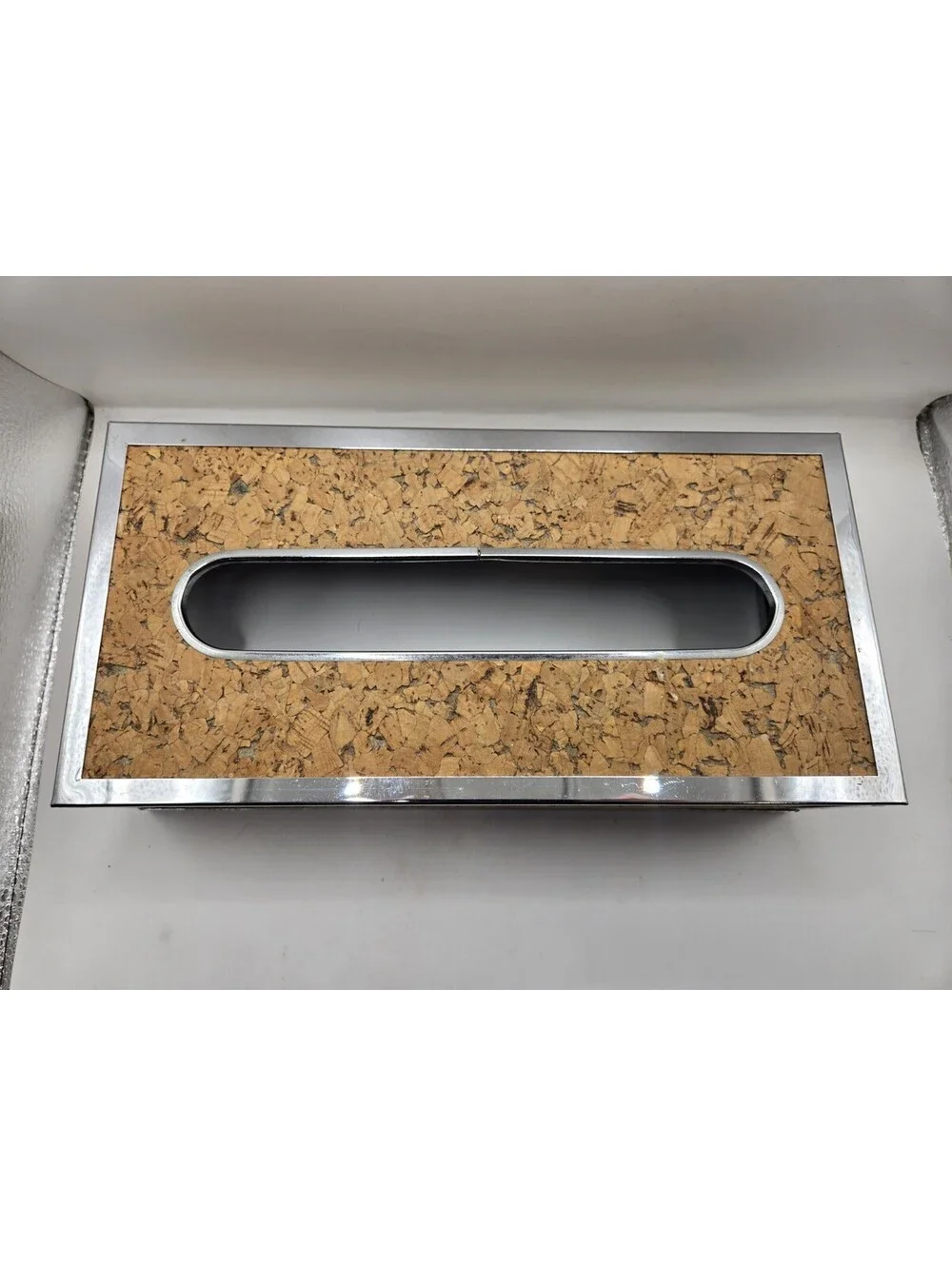 Vintage Mid Century Modern Cork & Chrome Tissue Box Holder Cover Rectangular